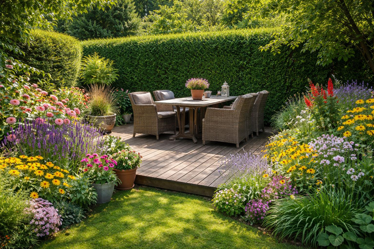Jardin résidentiel aménagé avec terrasse en bois et massifs fleuris