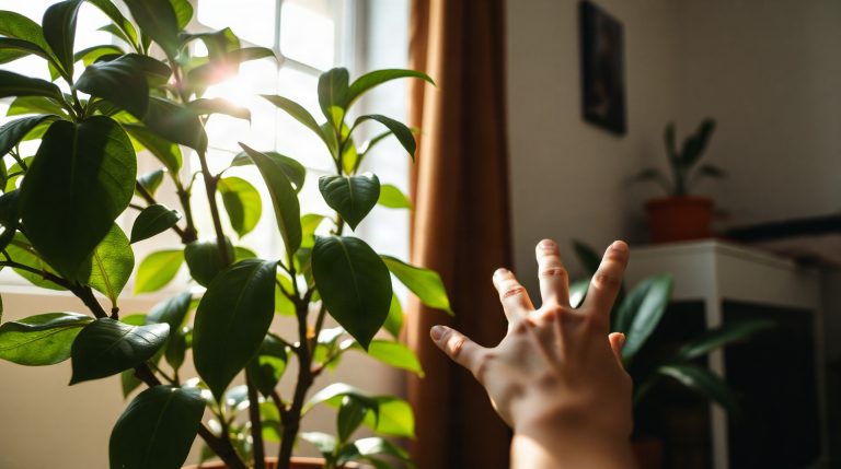 Mains testant l'humidité de la terre d'un ficus en pot