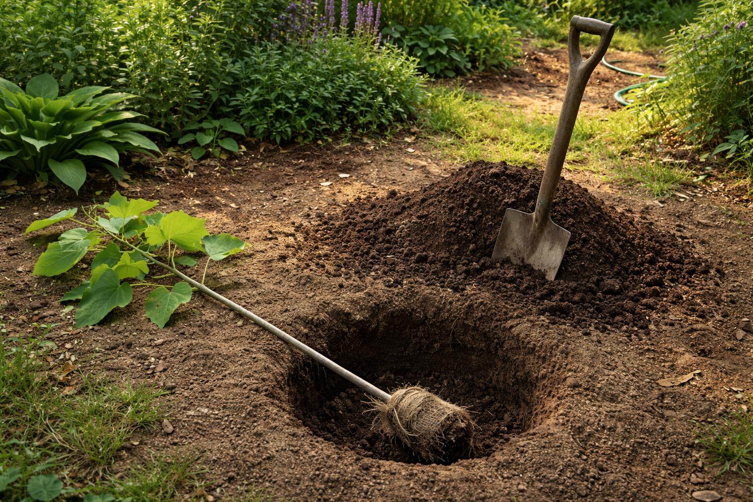Plantation d'un jeune catalpa en jardin