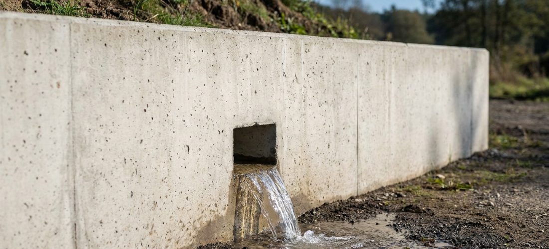 Mur de soutènement en béton avec une barbacane carrée d'où s'écoule de l'eau sur un sol terreux. L'herbe pousse sur la butte.
