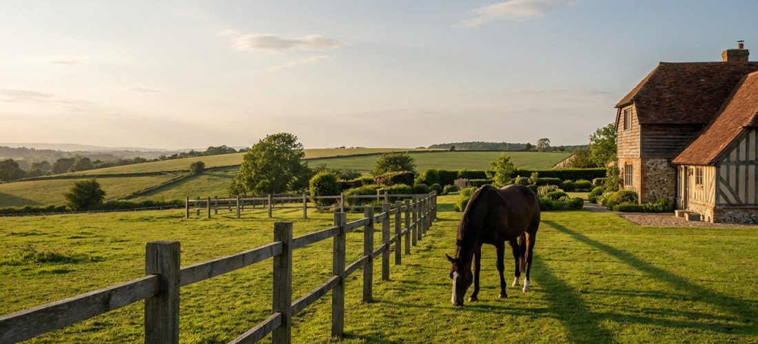 Un cheval marron broute dans un pré vert avec une clôture en bois, une maison de campagne et des collines au loin.