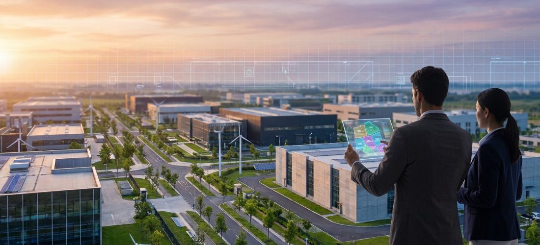 Deux personnes analysent un parc industriel moderne avec éoliennes et panneaux solaires via une tablette transparente.