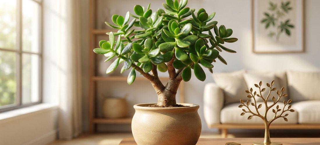 Arbre de jade luxuriant en pot sur une table en bois avec des pièces d'or et un arbre décoratif, dans un salon lumineux.