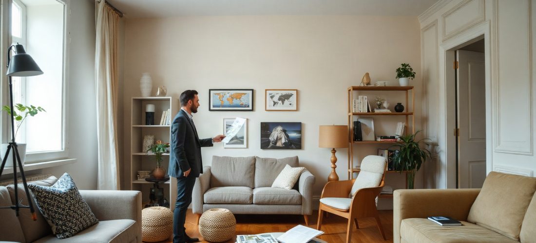 Architecte d'intérieur présentant des plans à des clients dans un appartement vide en rénovation