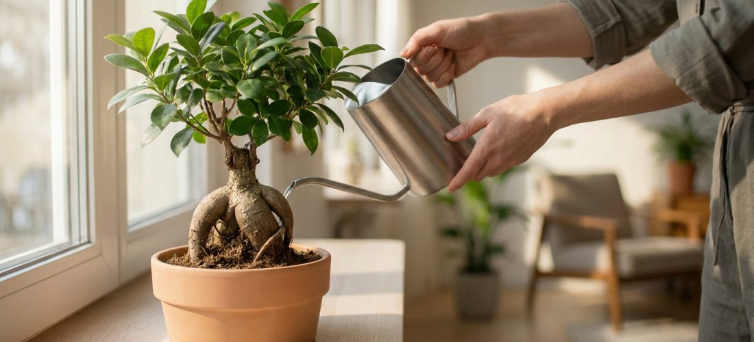 Une personne arrose un ficus bonsaï en pot de terre cuite avec un arrosoir métallique, près d'une fenêtre baignée de lumière naturelle.