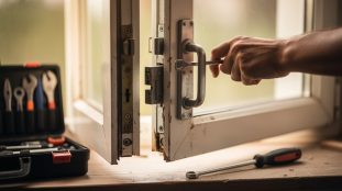 artisan inspectant le m canisme d une fen tre bloq
