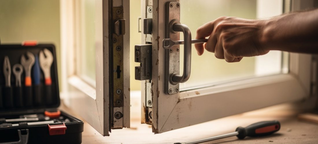 artisan inspectant le m canisme d une fen tre bloq