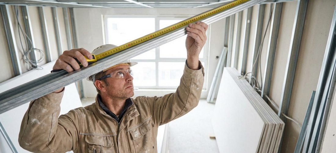 Homme mesurant la structure métallique d'un faux plafond avec un mètre ruban, préparant l'installation de plaques de placo.