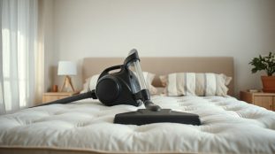 aspirateur passant sur un matelas blanc gros plan