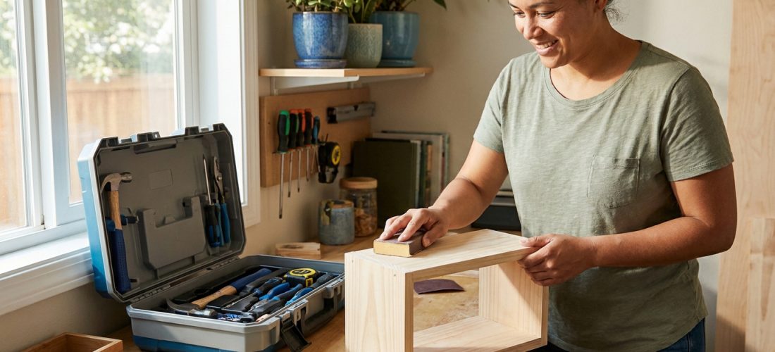 Femme souriante ponçant un projet en bois avec du papier de verre dans un atelier lumineux, outils à portée.