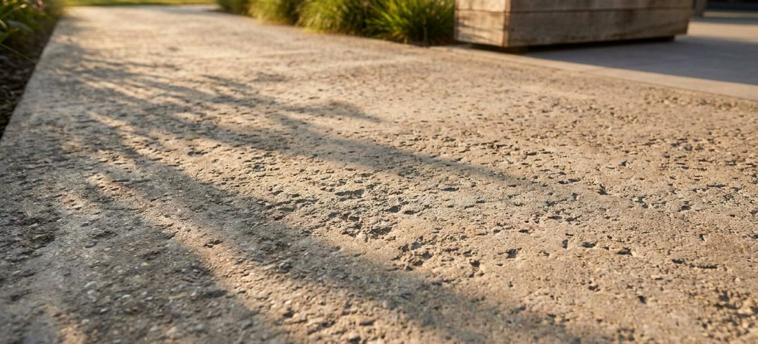 Gros plan sur un chemin en béton bouchardé beige avec une texture rugueuse, éclairé par le soleil et des ombres.