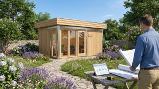 Un homme examine des plans de cabanon de jardin sur une table, avec une tablette affichant des réglementations, face à un cabanon moderne en bois dans un jardin fleuri.