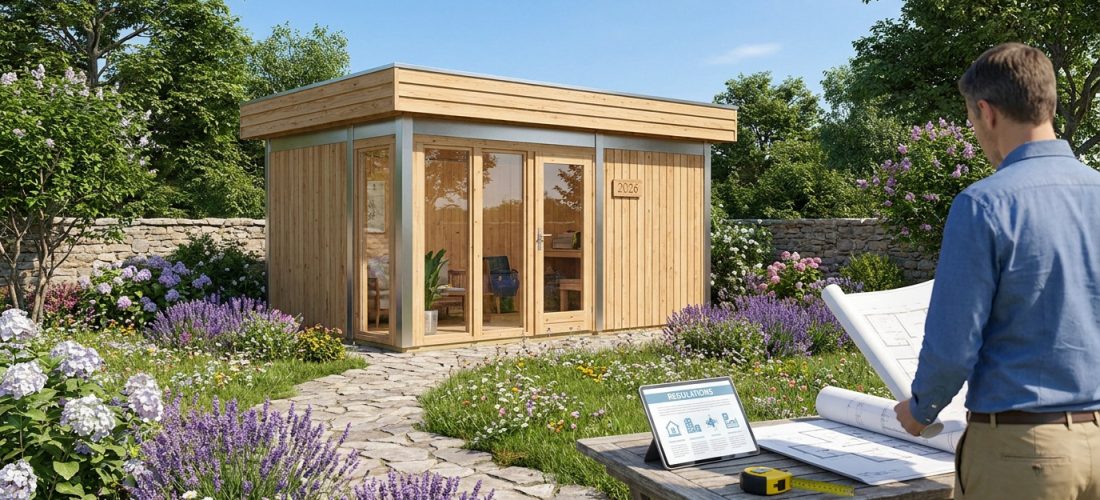 Un homme examine des plans de cabanon de jardin sur une table, avec une tablette affichant des réglementations, face à un cabanon moderne en bois dans un jardin fleuri.