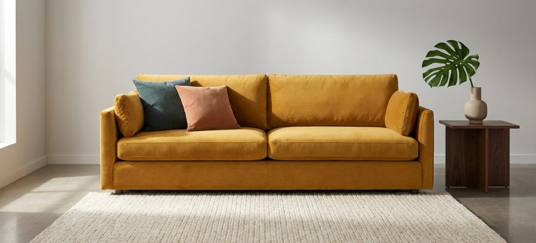 Canapé jaune moutarde moderne avec coussins bleu-vert et rose, tapis clair, table d'appoint en bois et plante verte.