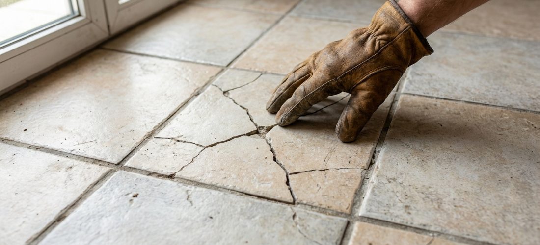 Main gantée inspectant un carrelage de sol clair sévèrement fissuré, avec une fenêtre en arrière-plan.