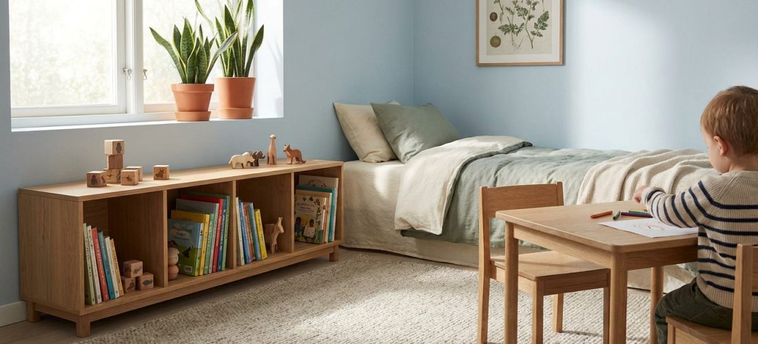 Chambre d'enfant lumineuse avec un enfant dessinant à une table en bois. Lit, étagère de livres, plantes et murs bleus pour un cocon sain.