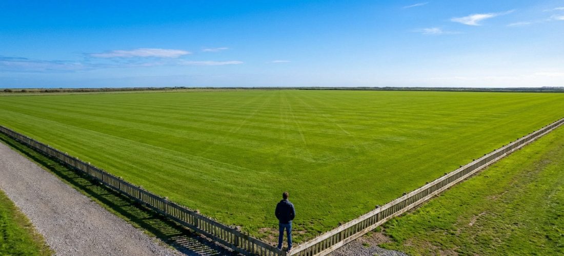 Vue aérienne d'un homme sur une clôture, face à un immense champ de gazon vert parfaitement tondu sous un ciel bleu.