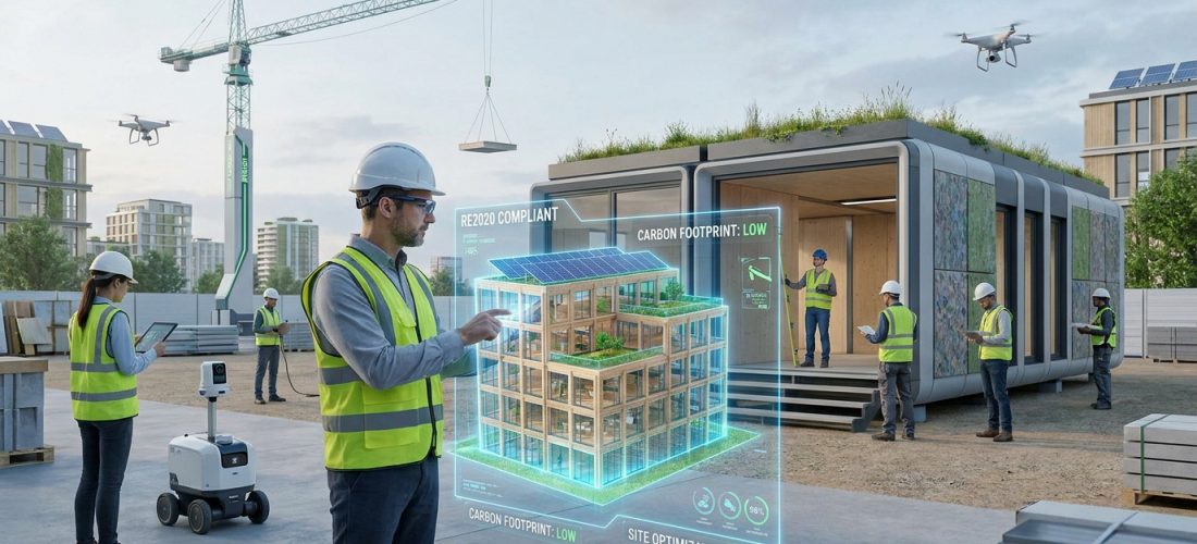 Un ingénieur consulte un hologramme d'immeuble écologique sur un chantier moderne avec drones, robot et construction modulaire.
