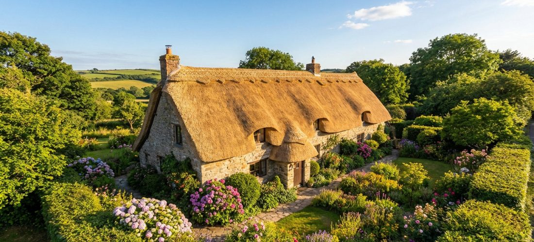 Charmante chaumière en pierre avec toit de chaume doré, jardin fleuri et chemin de pierre sous un ciel bleu lumineux.