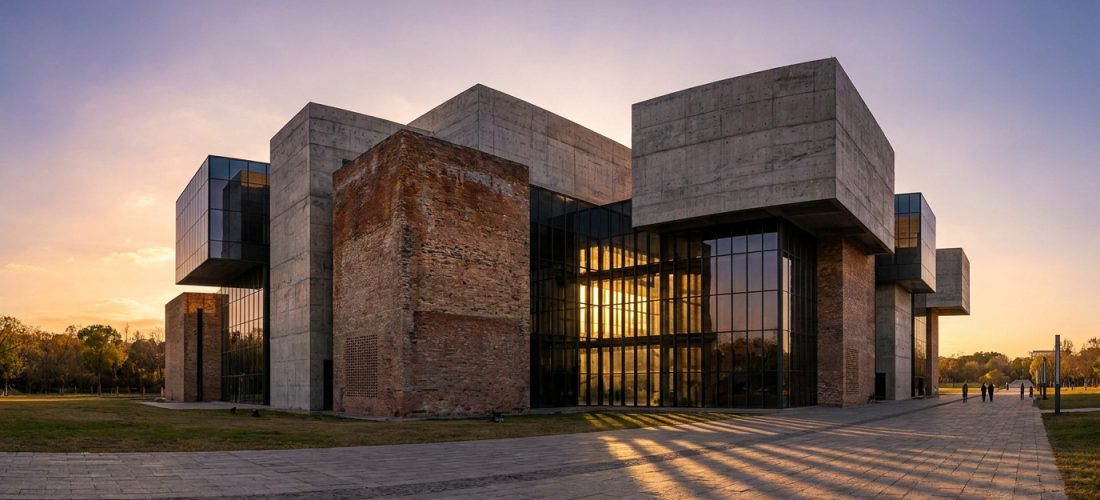 Bâtiment de Herzog & de Meuron, mélange de blocs de béton, murs de brique et façades de verre, sous un ciel orangé au crépuscule.