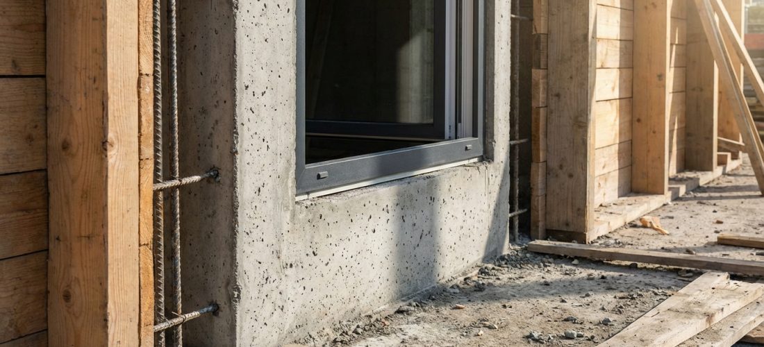 Vue rapprochée d'un jambage de fenêtre en béton avec ferraillage apparent, encadrant une menuiserie grise sur un chantier de construction ensoleillé.