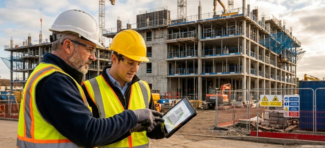 Deux ingénieurs en gilets de sécurité et casques examinant des plans sur une tablette numérique devant un chantier.