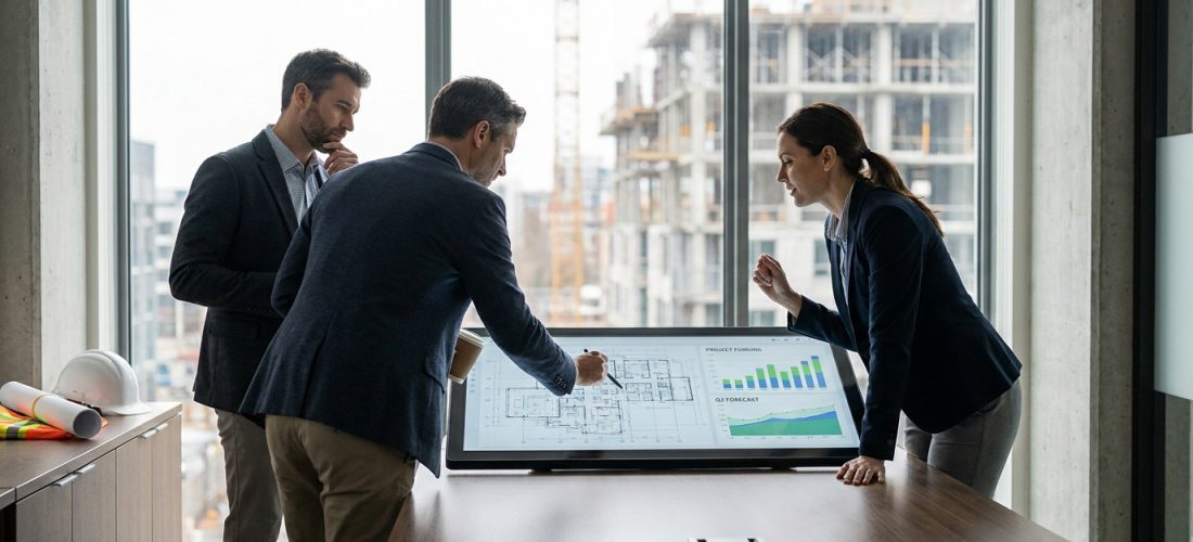 Trois professionnels du BTP examinent des plans et données financières sur un écran tactile, avec un chantier en arrière-plan.