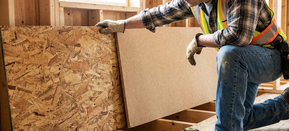 Un ouvrier installe des panneaux de plancher OSB et aggloméré, comparant les matériaux pour la sous-couche.