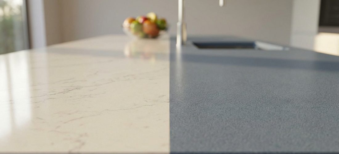 Image comparative de deux plans de travail : blanc veiné brillant (type Silestone) et gris foncé mat texturé (type Dekton).