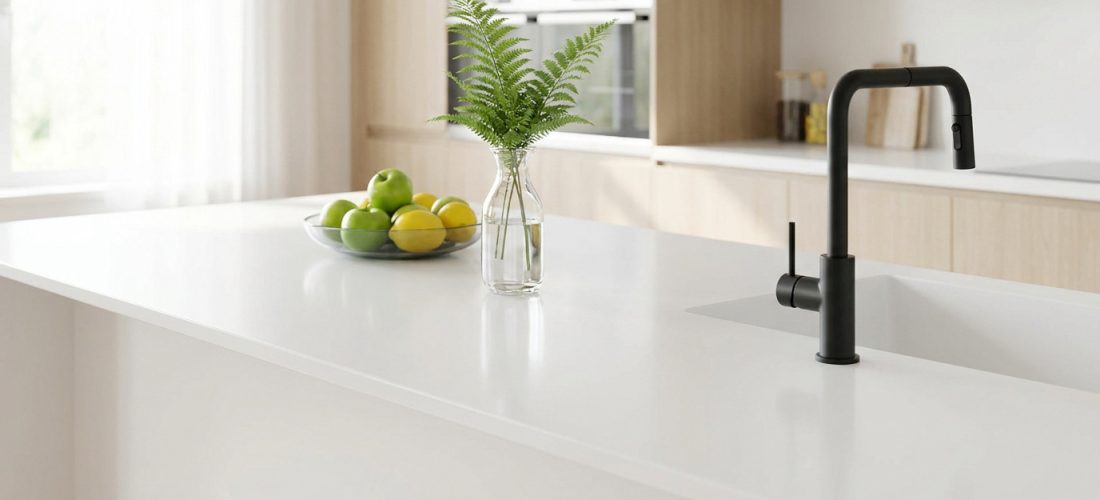 Îlot de cuisine moderne avec plan de travail blanc en Corian, robinet noir et bol de fruits sur fond en bois clair.