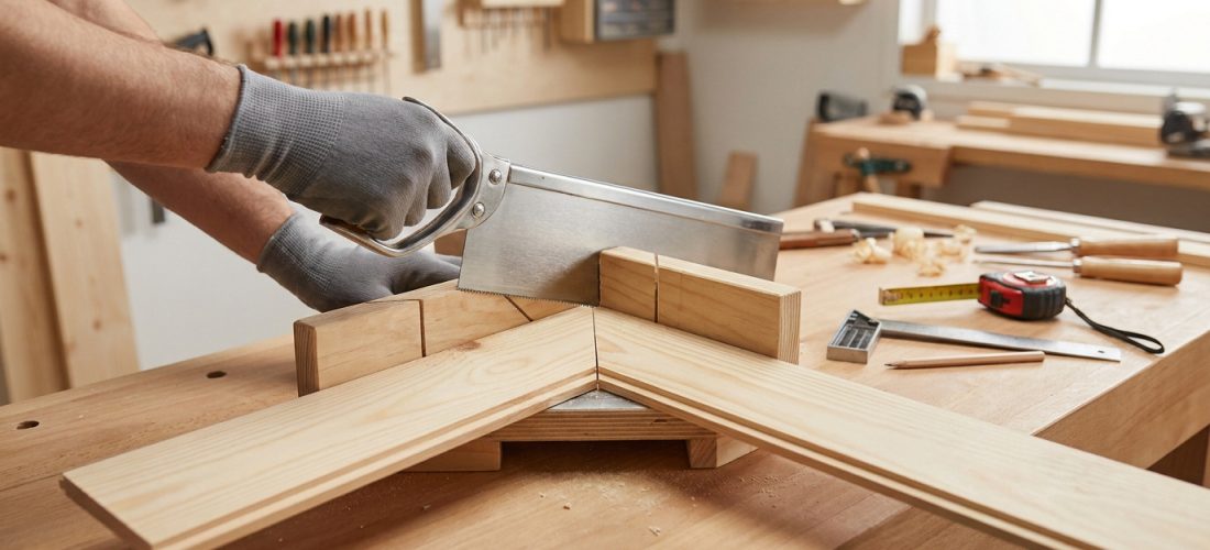 Un artisan porte des gants et utilise une scie à dos avec une boîte à onglets pour couper une plinthe en bois.