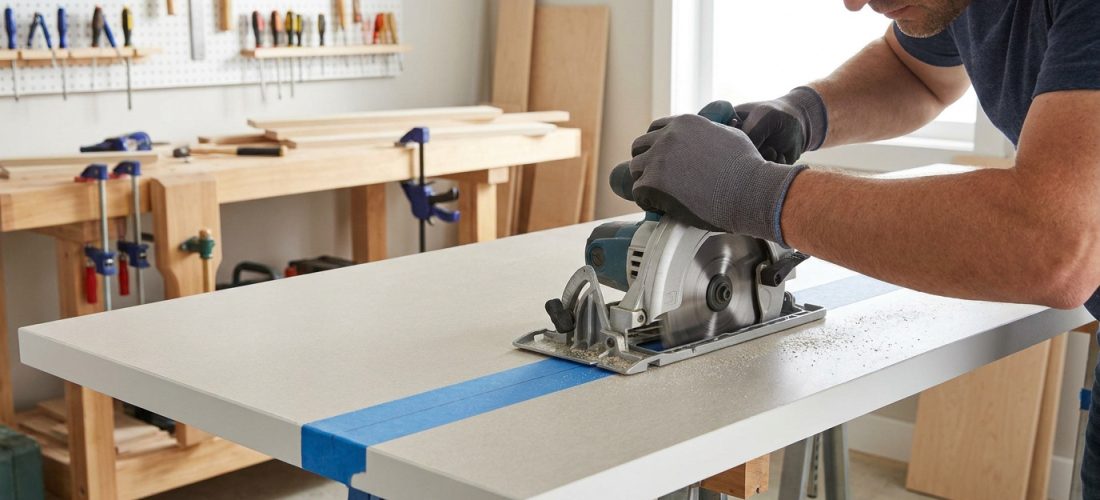 Homme coupant un plan de travail clair avec une scie circulaire. Il porte gants et lunettes. Du ruban adhésif bleu marque la ligne de coupe.