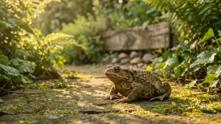 Un crapaud brun-vert aux yeux orange est assis sur un chemin de pierres moussues dans un jardin luxuriant baigné de soleil.