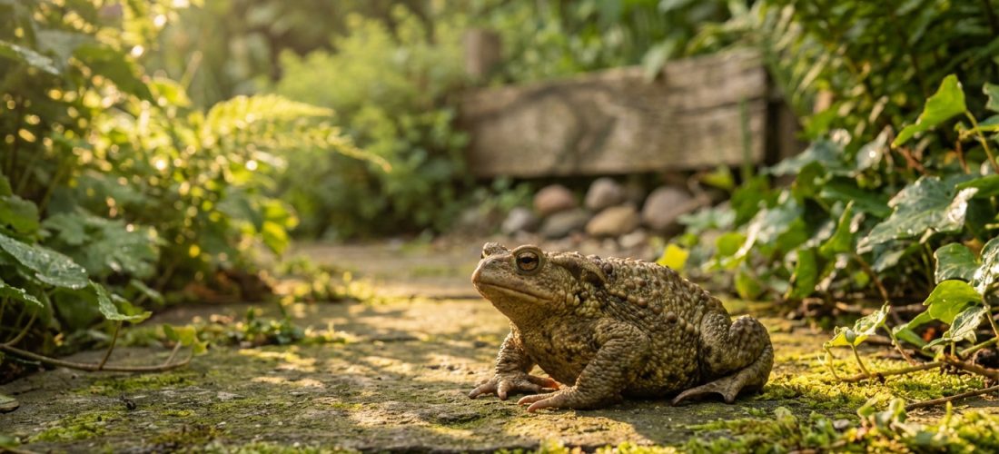 Un crapaud brun-vert aux yeux orange est assis sur un chemin de pierres moussues dans un jardin luxuriant baigné de soleil.