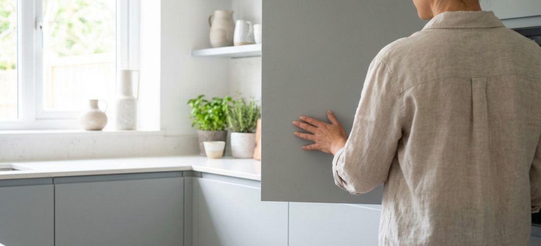 Femme en chemise lin beige touchant une porte de cuisine grise mate. Cuisine moderne, lumineuse, avec étagères et plantes.