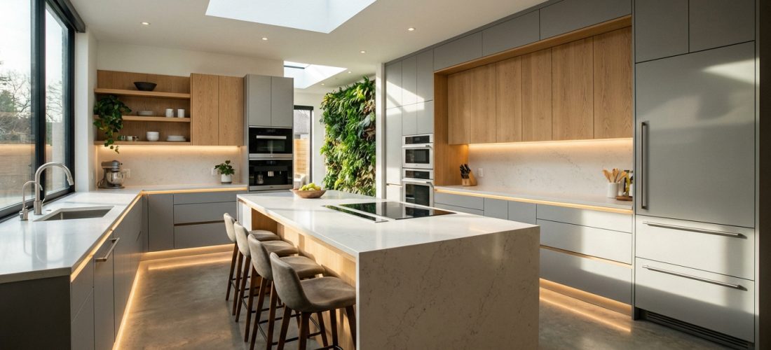 Cuisine moderne avec îlot central, comptoirs en marbre, armoires grises et en bois, éclairage LED, grand mur végétal et puits de lumière.