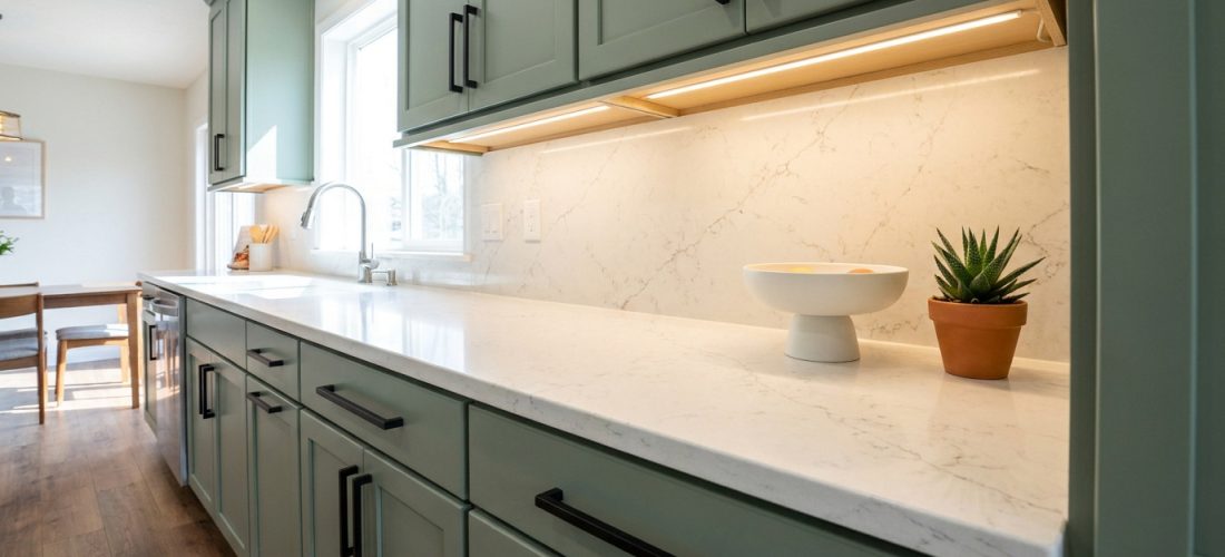 Une cuisine moderne avec des armoires vert sauge, des poignées noires, des comptoirs en quartz blanc et un éclairage sous armoire.