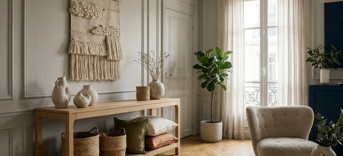Salon lumineux avec console en bois, tenture murale en laine, plantes et fauteuil bouclette, style parisien épuré.