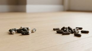 Deux tas de crottes sur un plancher en bois clair. À gauche, des crottes de gecko avec une extrémité blanche. À droite, des crottes de souris uniformes et granuleuses.