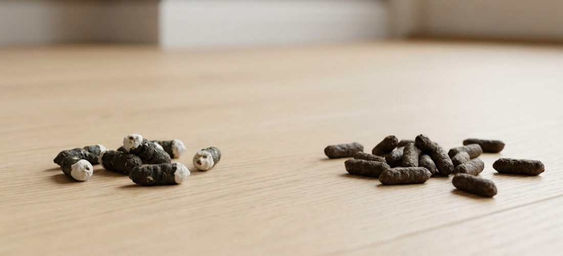 Deux tas de crottes sur un plancher en bois clair. À gauche, des crottes de gecko avec une extrémité blanche. À droite, des crottes de souris uniformes et granuleuses.