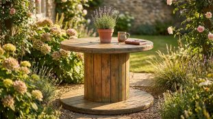 Table de jardin DIY faite d'un touret en bois, agrémentée de lavande, tasse et carnet, dans un jardin fleuri et ensoleillé.
