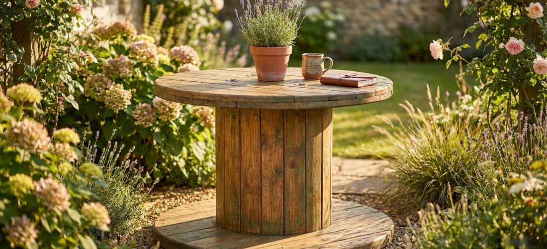 Table de jardin DIY faite d'un touret en bois, agrémentée de lavande, tasse et carnet, dans un jardin fleuri et ensoleillé.