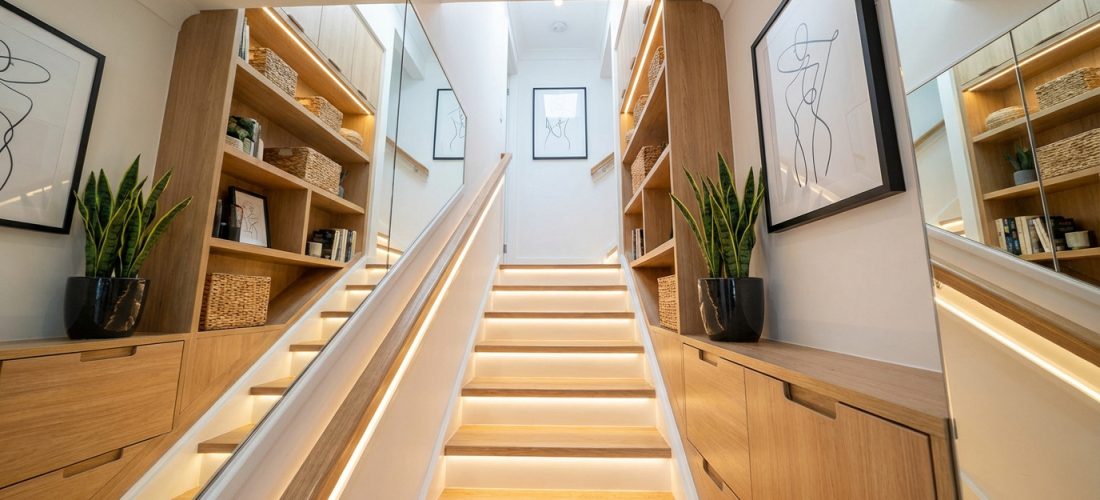 Design contemporain de cage d'escalier avec marches lumineuses, étagères en bois, miroirs agrandissant l'espace et plantes.