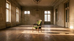 Une pièce ancienne vide et poussiéreuse avec un fauteuil en velours vert au centre. Lumière du soleil et ombres portées sur le plancher.