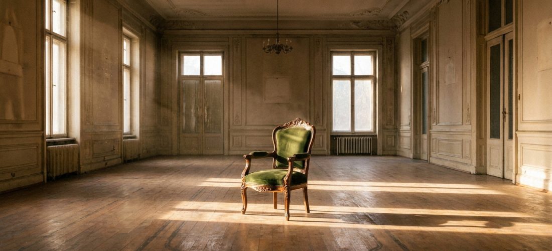Une pièce ancienne vide et poussiéreuse avec un fauteuil en velours vert au centre. Lumière du soleil et ombres portées sur le plancher.
