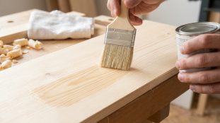 Gros plan sur une main appliquant au pinceau une couche de protection transparente sur une planche de bois brut clair. Canette visible.