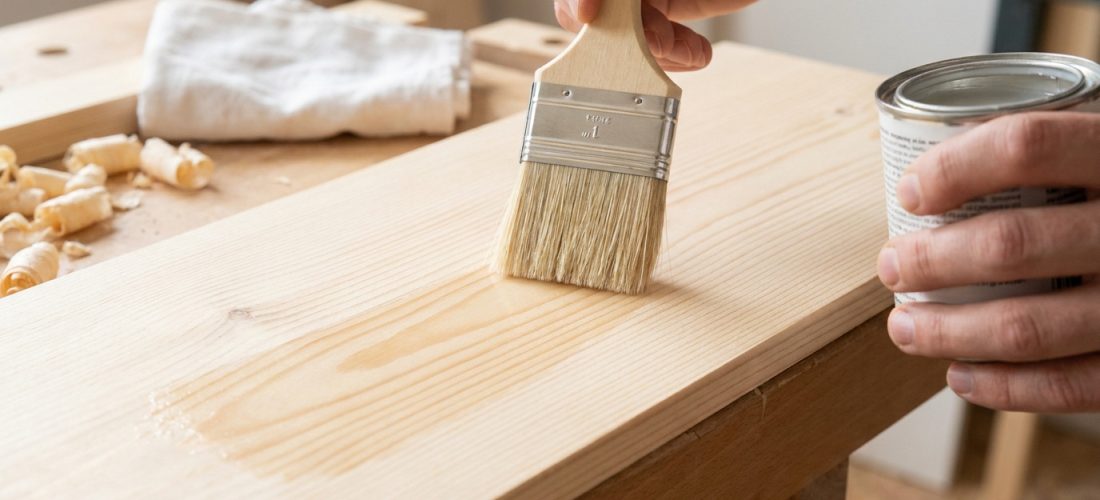 Gros plan sur une main appliquant au pinceau une couche de protection transparente sur une planche de bois brut clair. Canette visible.