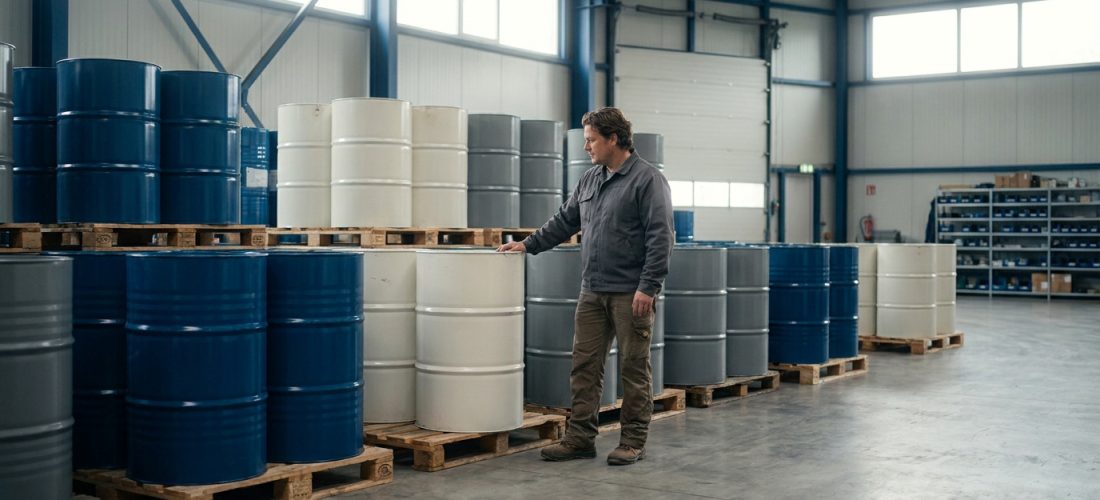 Un homme examine des fûts industriels de 200 litres stockés sur des palettes dans un grand entrepôt lumineux.