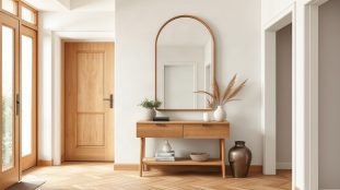 hall d entr e moderne avec miroir arrondi et conso