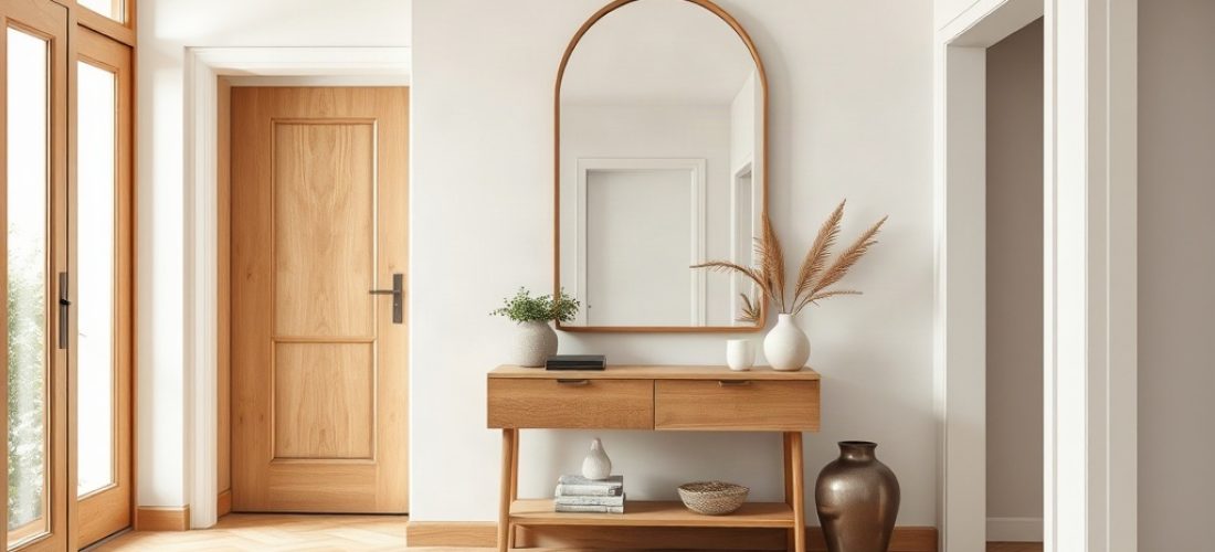 hall d entr e moderne avec miroir arrondi et conso